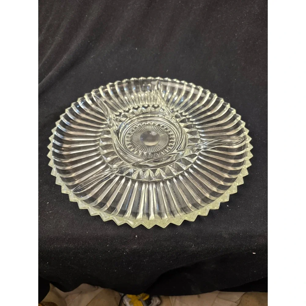Vintage Clear‎ Pressed Glass Divided Relish Tray 11 Inch Sunburst Sawtooth Edge